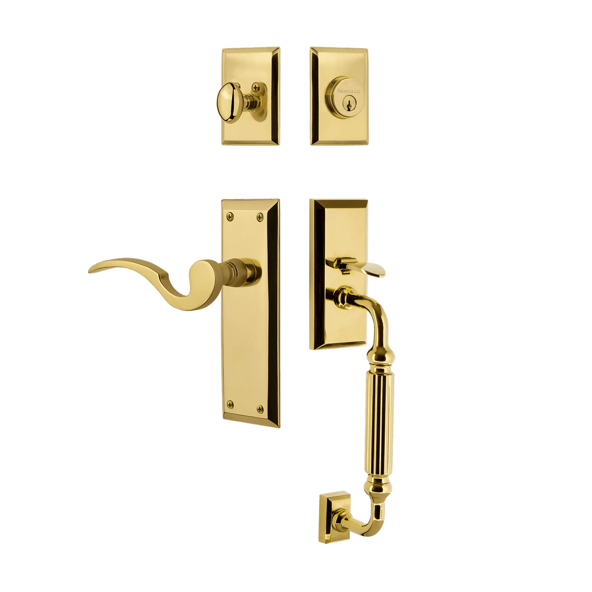 Nostalgic 767595: Entry Lockset w/New York Backplate, F-Grip Exterior Handle and Manor Interior Lever - Polished Brass