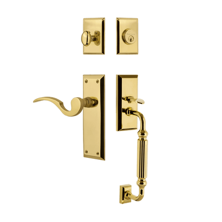 Nostalgic 770695: Entry Lockset w/New York Backplate, F-Grip Exterior Handle and Manor Interior Lever - Polished Brass