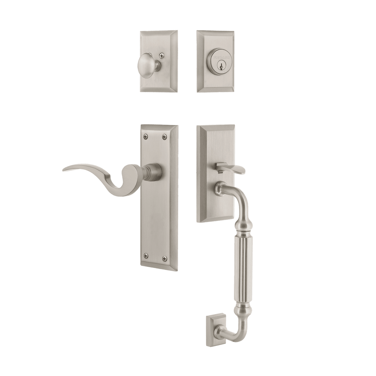 Nostalgic 767597: Entry Lockset w/New York Backplate, F-Grip Exterior Handle and Manor Interior Lever - Satin Nickel
