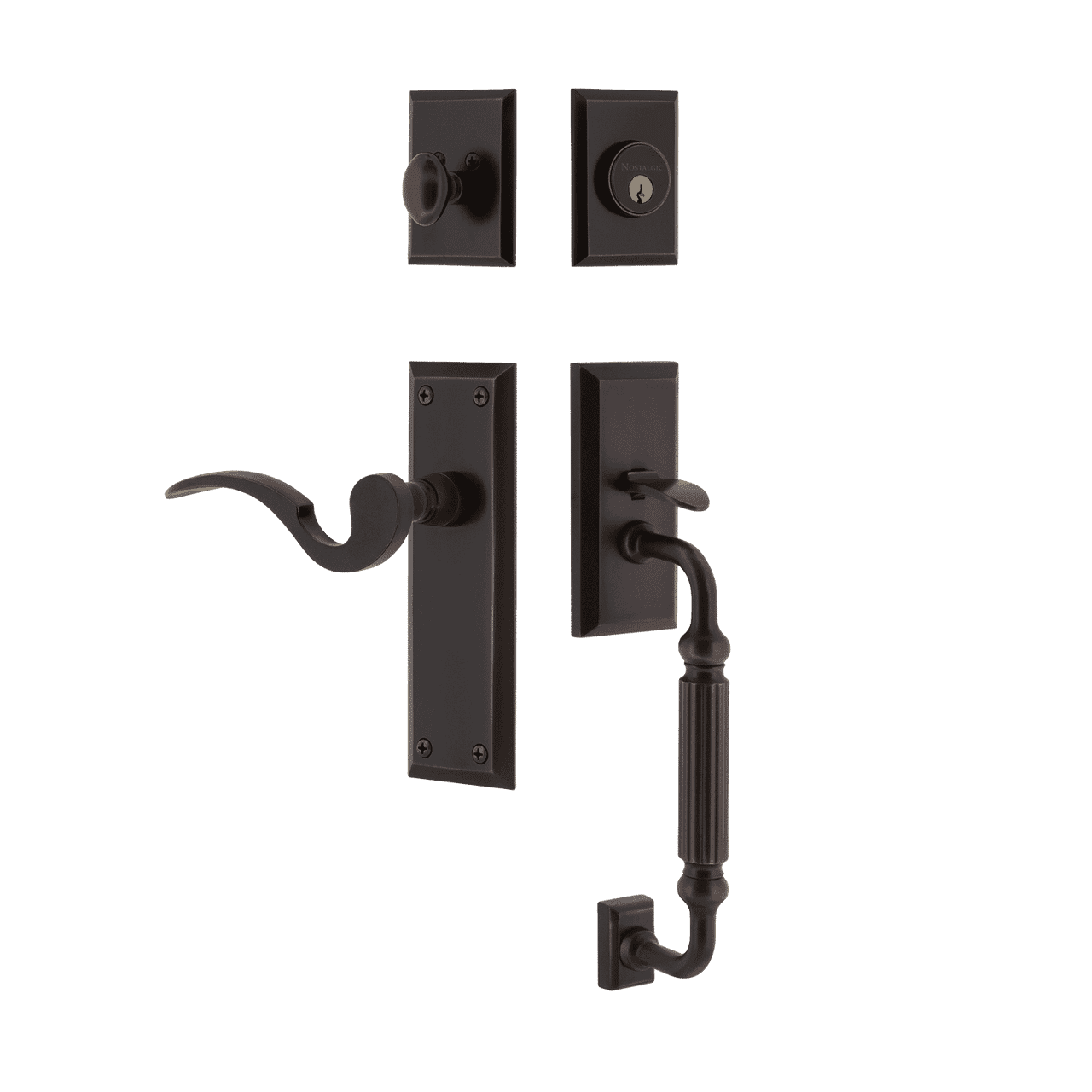 Nostalgic 770781: Entry Lockset w/New York Backplate, F-Grip Exterior Handle and Manor Interior Lever - Timeless Bronze