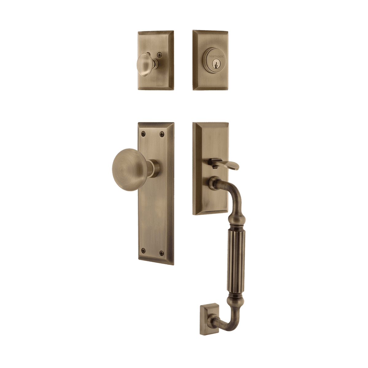 Nostalgic 719443: Entry Lockset w/New York Backplate, F-Grip Exterior Handle and New York Knob - Antique Brass