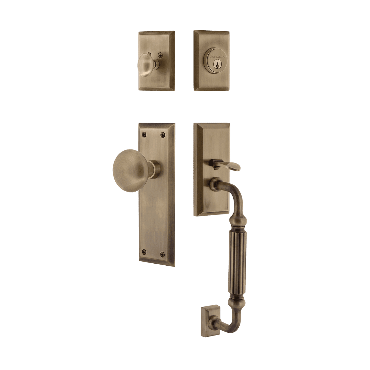 Nostalgic 719443: Entry Lockset w/New York Backplate, F-Grip Exterior Handle and New York Knob - Antique Brass