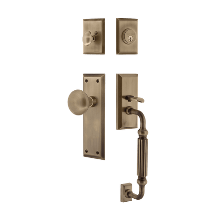 Nostalgic 719443: Entry Lockset w/New York Backplate, F-Grip Exterior Handle and New York Knob - Antique Brass