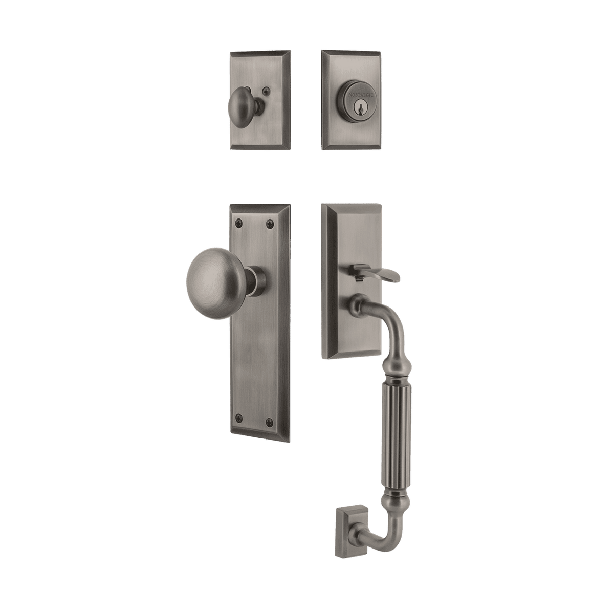 Nostalgic 719467: Entry Lockset w/New York Backplate, F-Grip Exterior Handle and New York Knob - Antique Pewter