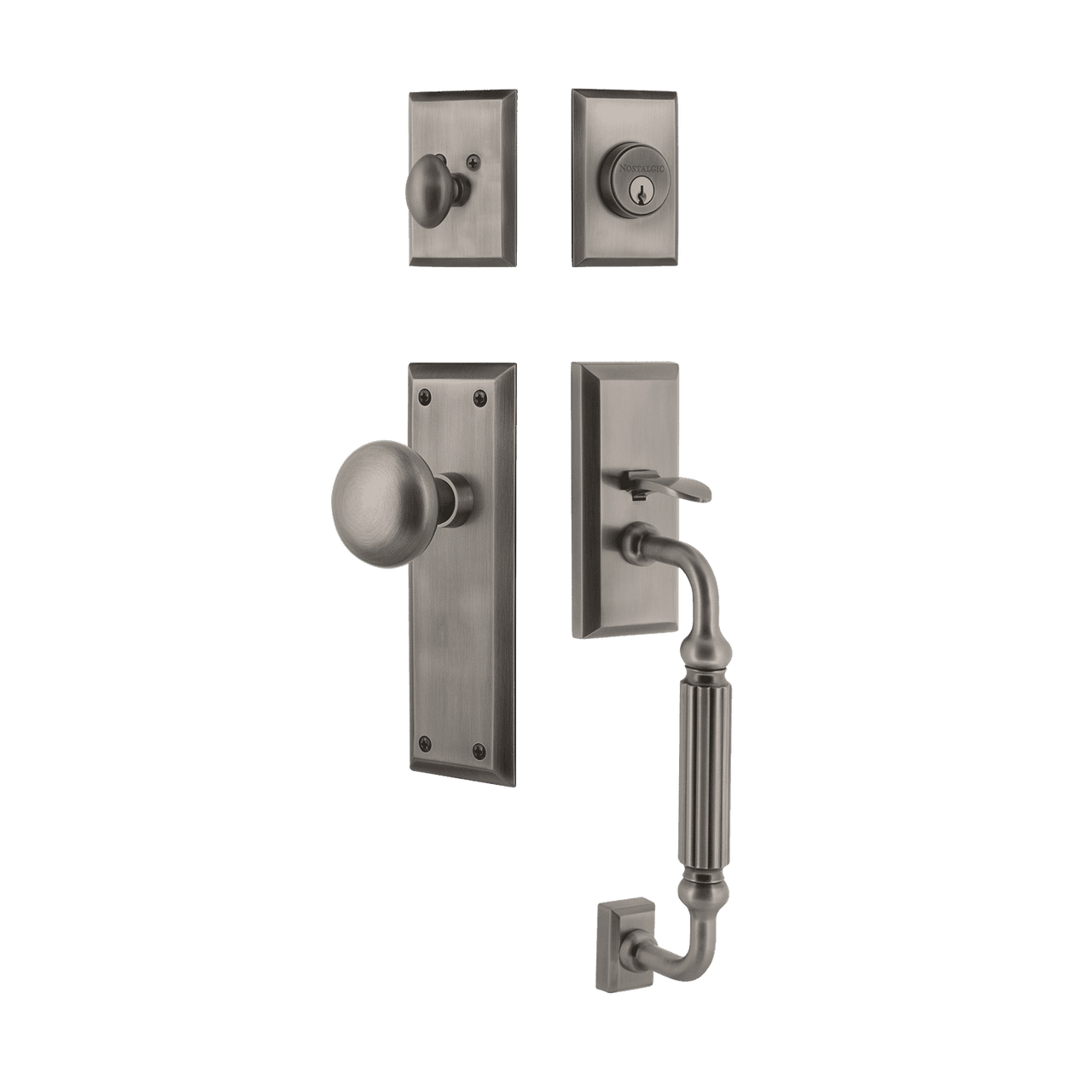 Nostalgic 727683: Entry Lockset w/New York Backplate, F-Grip Exterior Handle and New York Knob - Antique Pewter