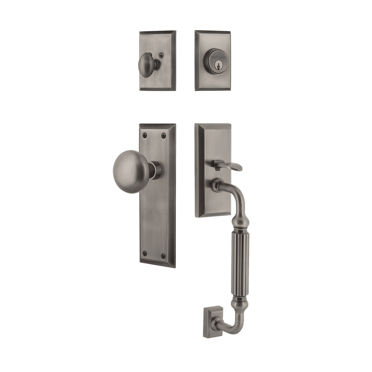 Nostalgic 727656: Entry Lockset w/New York Backplate, F-Grip Exterior Handle and New York Knob - Antique Pewter