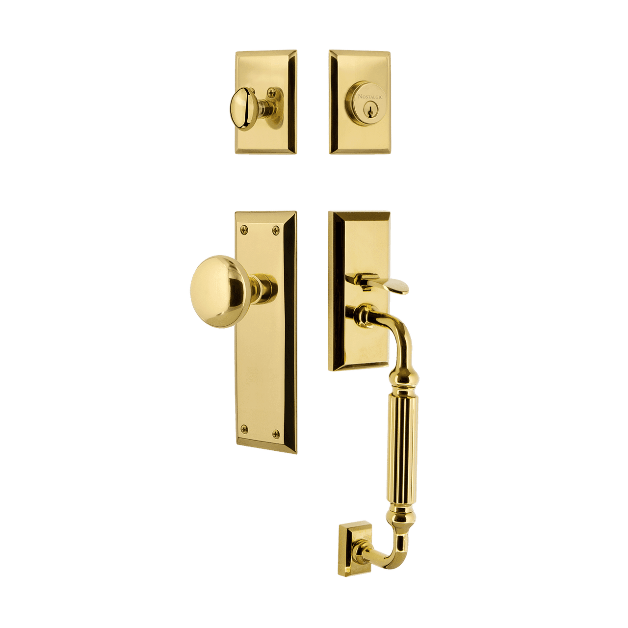 Nostalgic 727816: Entry Lockset w/New York Backplate, F-Grip Exterior Handle and New York Knob - Polished Brass