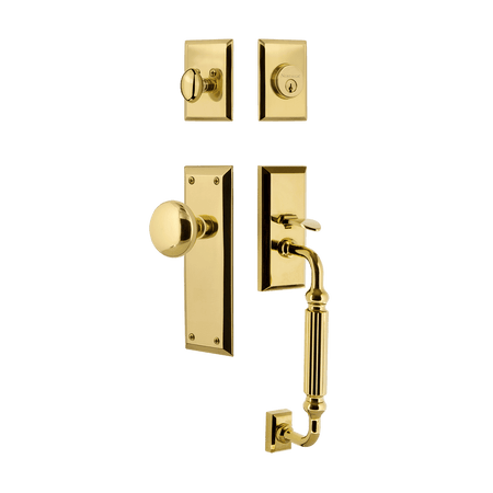 Nostalgic 727816: Entry Lockset w/New York Backplate, F-Grip Exterior Handle and New York Knob - Polished Brass