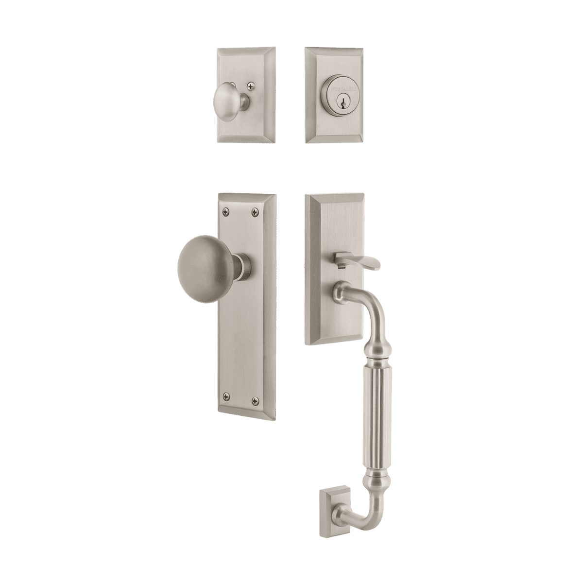 Nostalgic 727792: Entry Lockset w/New York Backplate, F-Grip Exterior Handle and New York Knob - Satin Nickel
