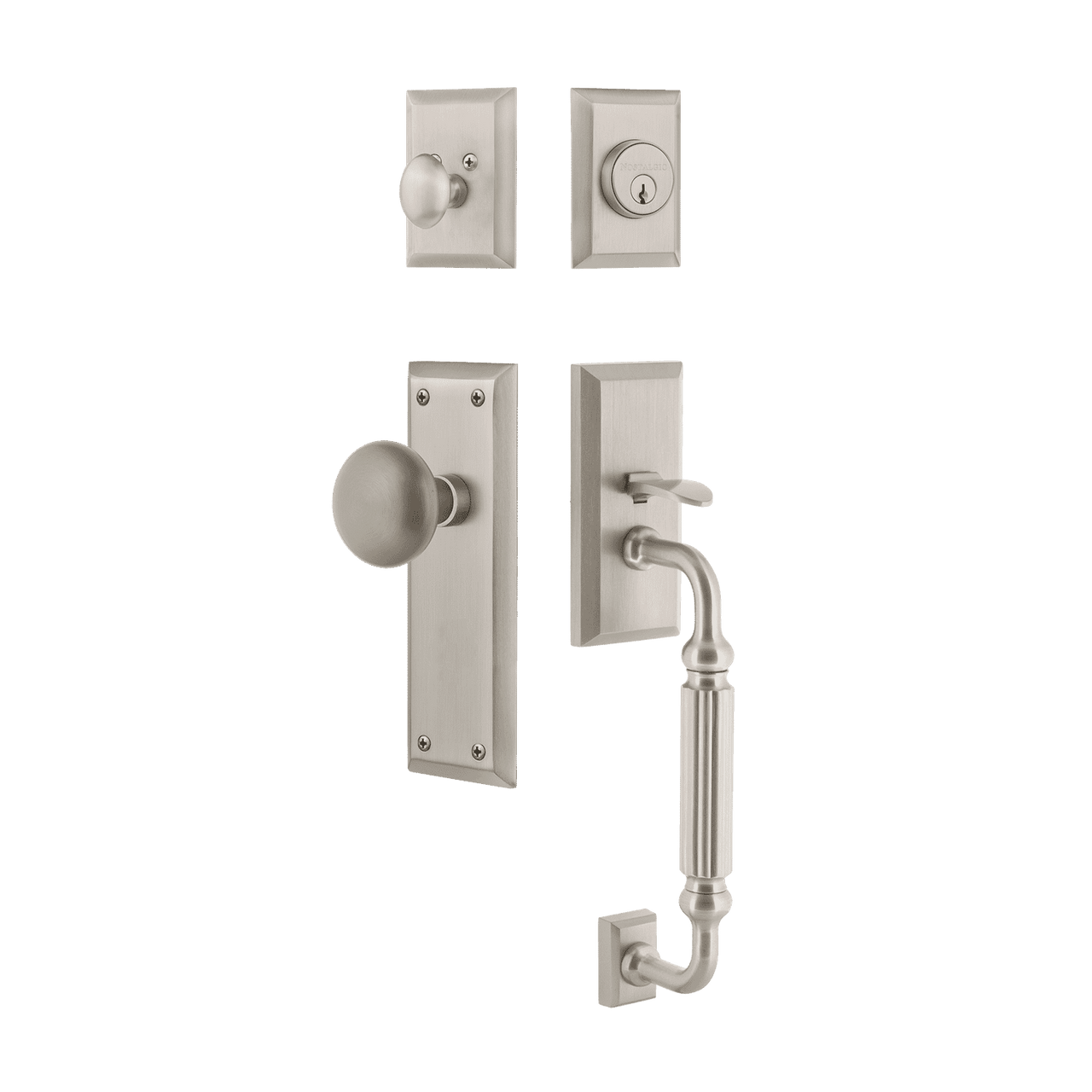 Nostalgic 727792: Entry Lockset w/New York Backplate, F-Grip Exterior Handle and New York Knob - Satin Nickel