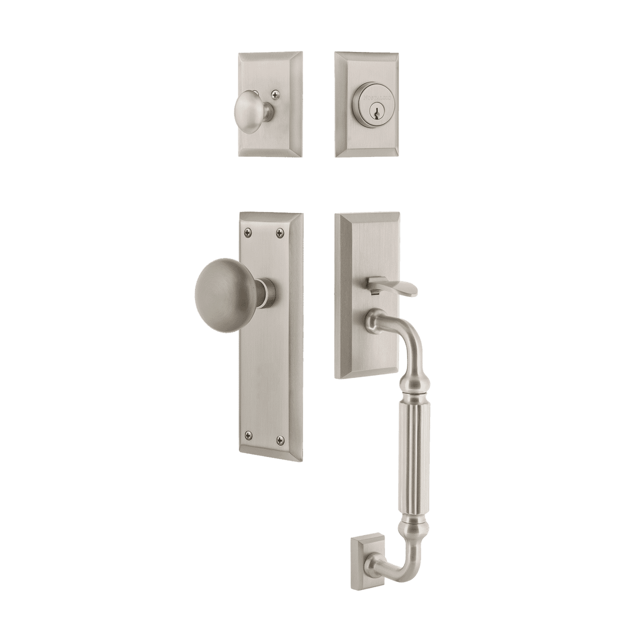 Nostalgic 727640: Entry Lockset w/New York Backplate, F-Grip Exterior Handle and New York Knob - Satin Nickel