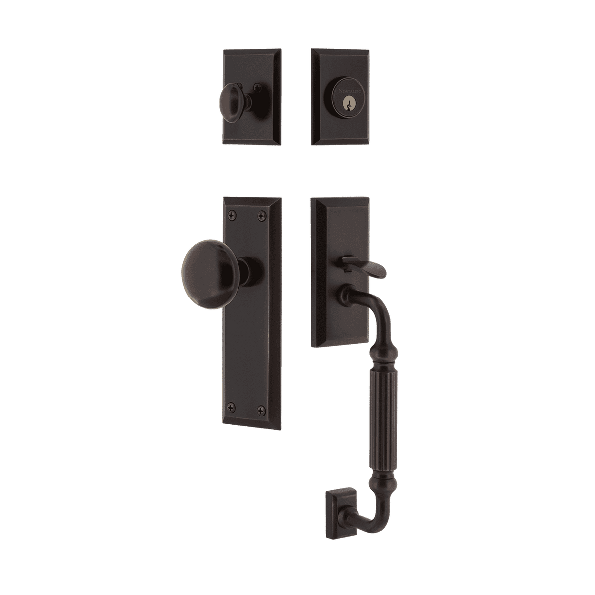 Nostalgic 727725: Entry Lockset w/New York Backplate, F-Grip Exterior Handle and New York Knob - Timeless Bronze
