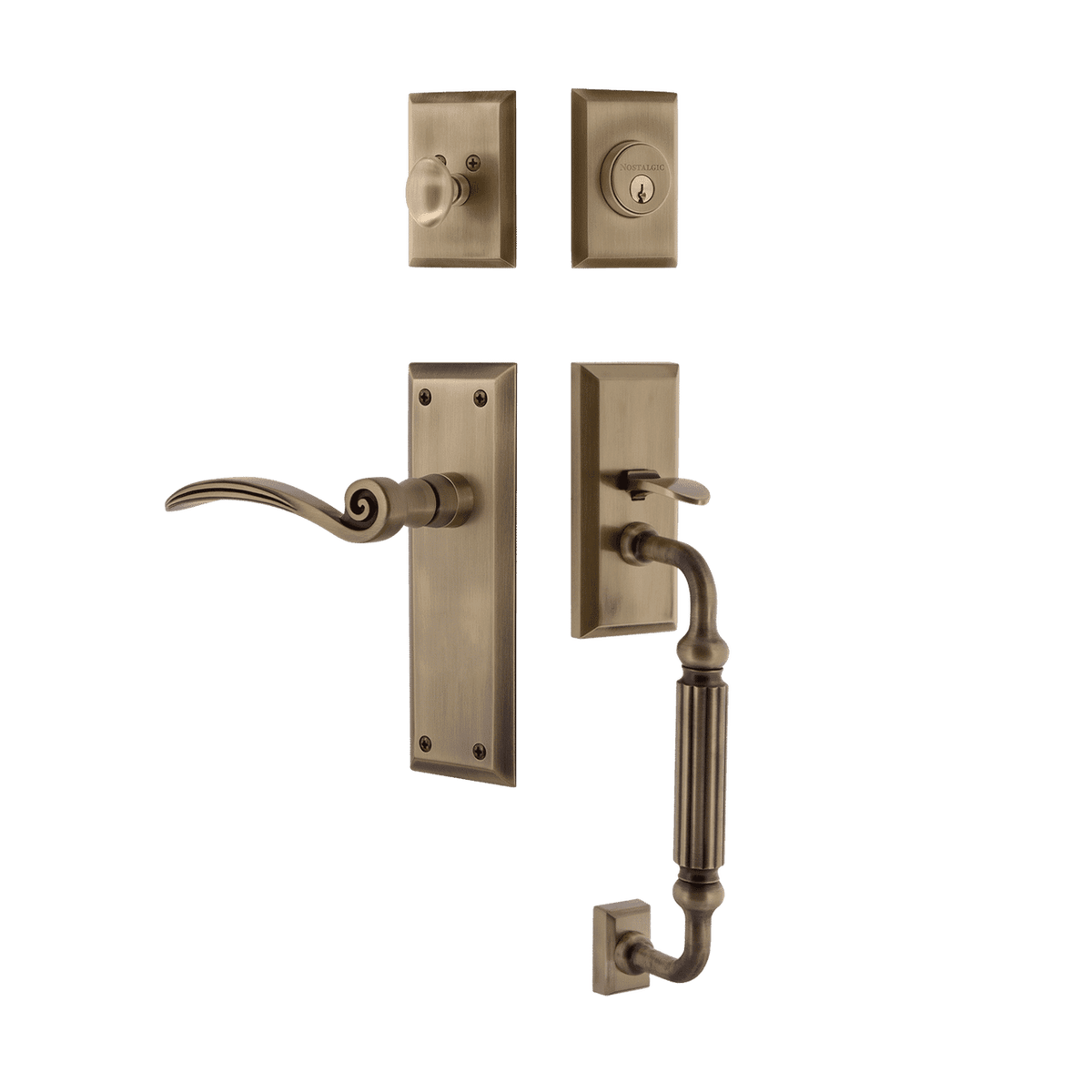 Nostalgic 770866: Entry Lockset w/New York Backplate, F-Grip Exterior Handle and Swan Interior Lever - Antique Brass