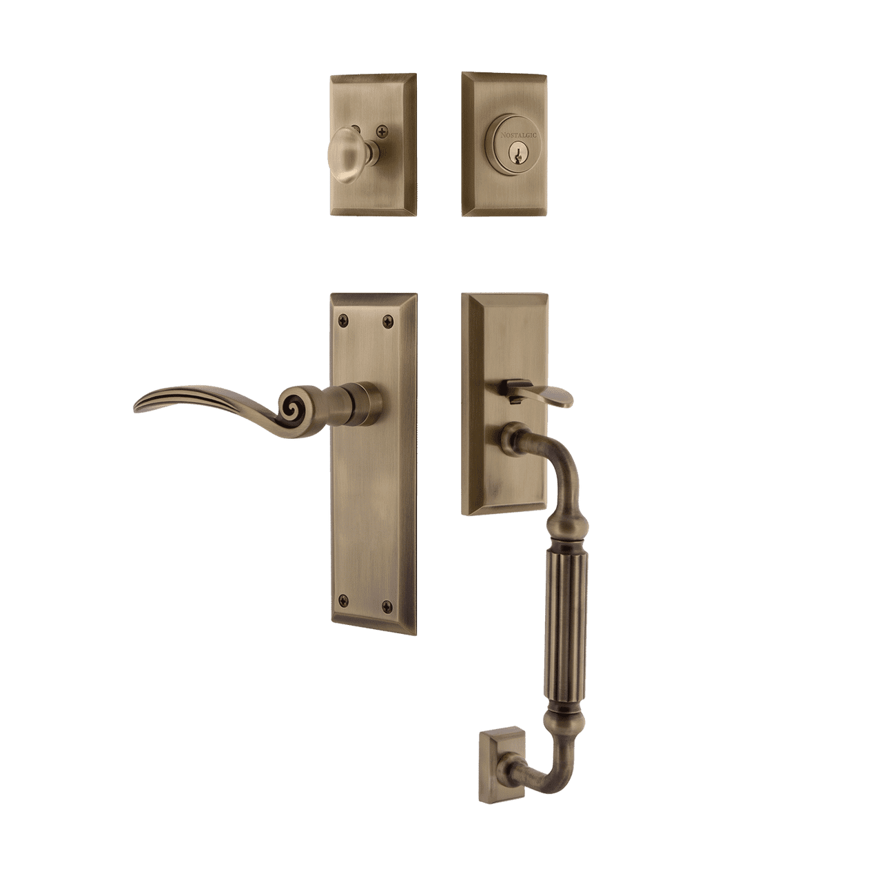 Nostalgic 770866: Entry Lockset w/New York Backplate, F-Grip Exterior Handle and Swan Interior Lever - Antique Brass