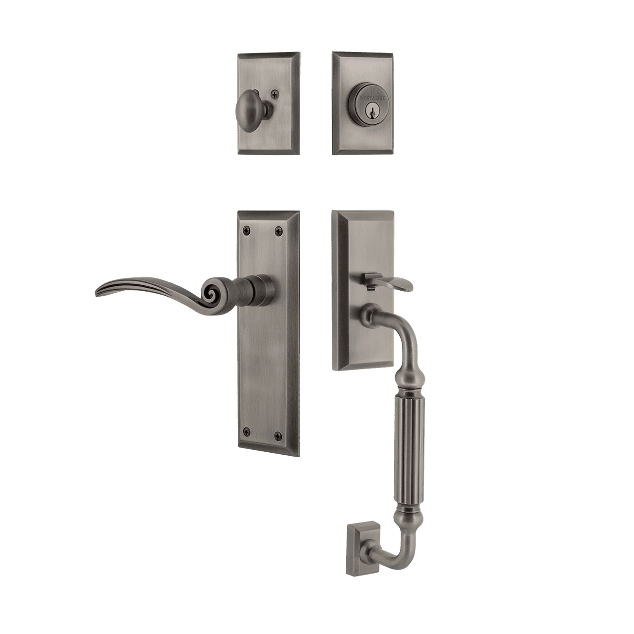 Nostalgic 770858: Entry Lockset w/New York Backplate, F-Grip Exterior Handle and Swan Interior Lever - Antique Pewter