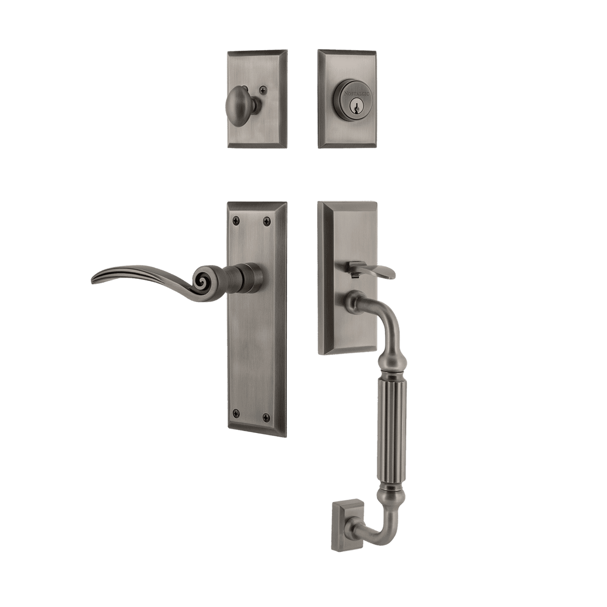 Nostalgic 770886: Entry Lockset w/New York Backplate, F-Grip Exterior Handle and Swan Interior Lever - Antique Pewter