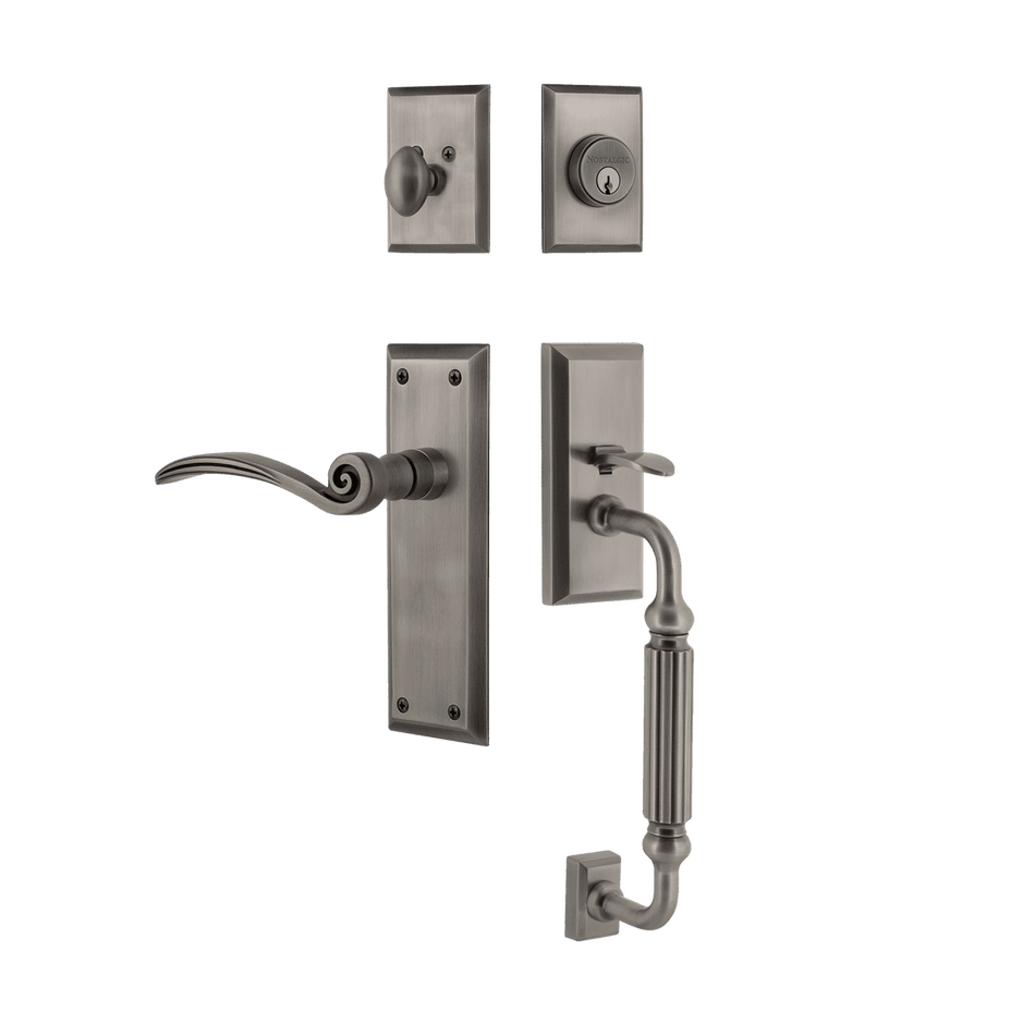 Nostalgic 768290: Entry Lockset w/New York Backplate, F-Grip Exterior Handle and Swan Interior Lever - Antique Pewter
