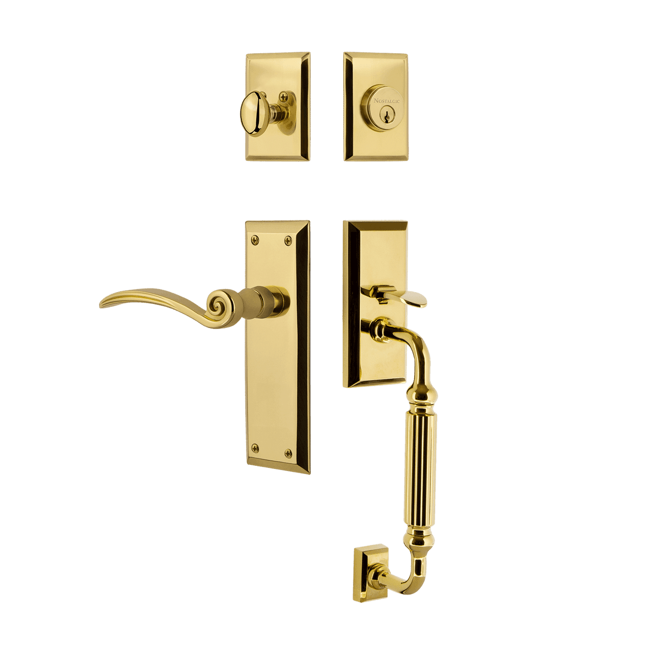 Nostalgic 768298: Entry Lockset w/New York Backplate, F-Grip Exterior Handle and Swan Interior Lever - Polished Brass