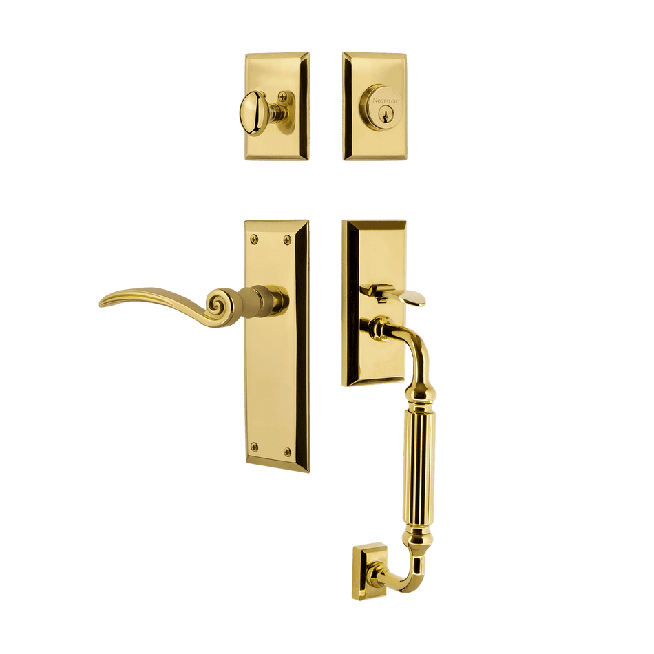 Nostalgic 770878: Entry Lockset w/New York Backplate, F-Grip Exterior Handle and Swan Interior Lever - Polished Brass
