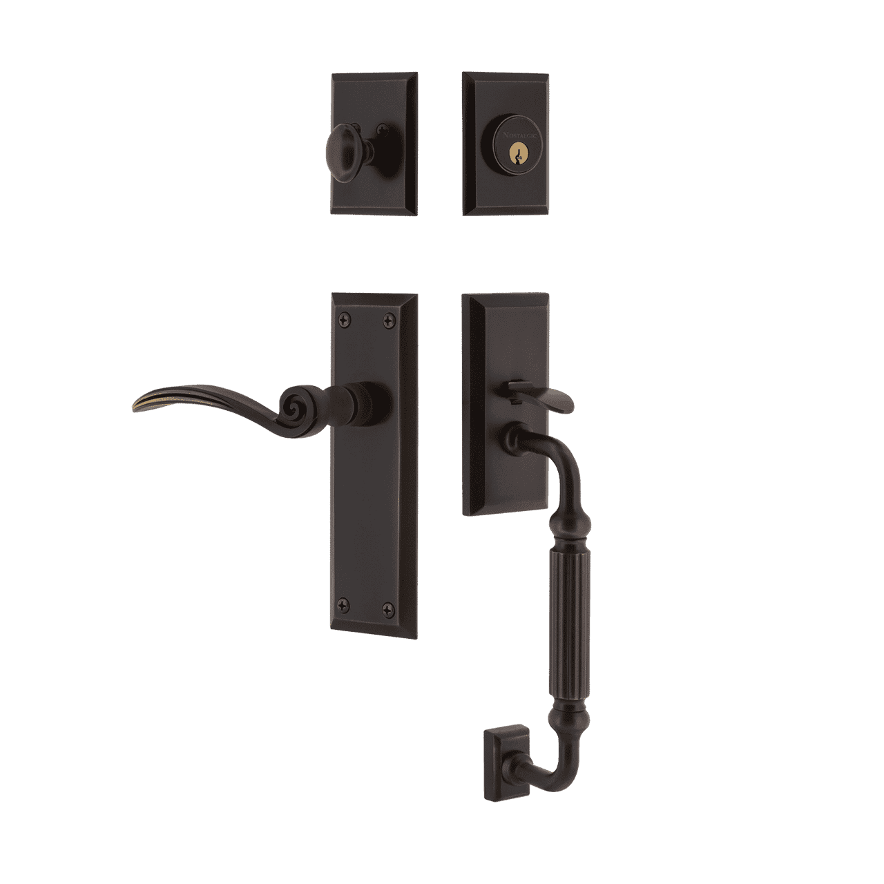 Nostalgic 770853: Entry Lockset w/New York Backplate, F-Grip Exterior Handle and Swan Interior Lever - Timeless Bronze