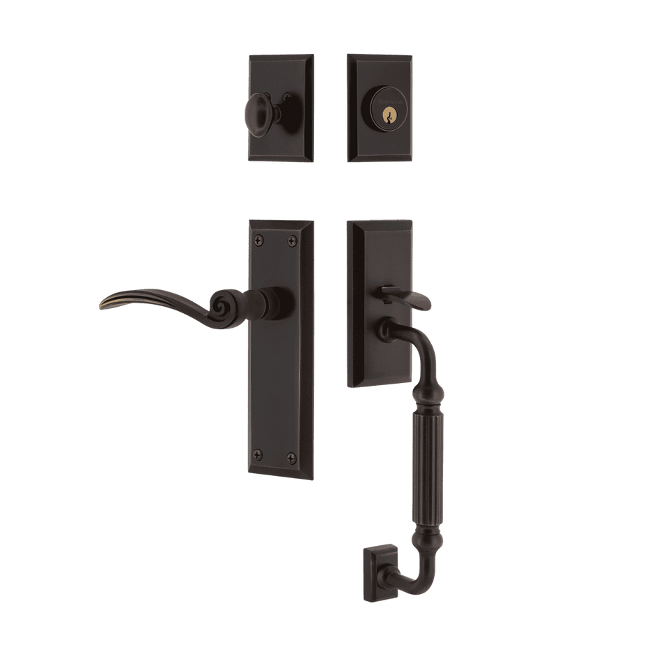 Nostalgic 770853: Entry Lockset w/New York Backplate, F-Grip Exterior Handle and Swan Interior Lever - Timeless Bronze