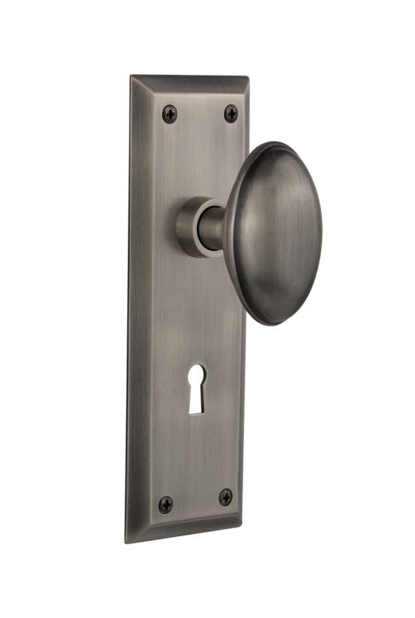 Nostalgic 704598: New York Backplate w/Homestead Knob Single Dummy Door Set - Antique Pewter