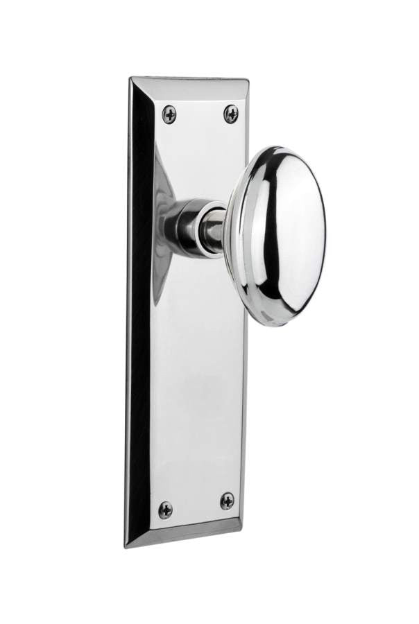 Nostalgic 733144: New York Backplate w/Homestead Knob Single Dummy Door Set - Bright Chrome