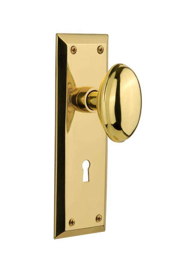 Nostalgic 704597: New York Backplate w/Homestead Knob Single Dummy Door Set - Polished Brass