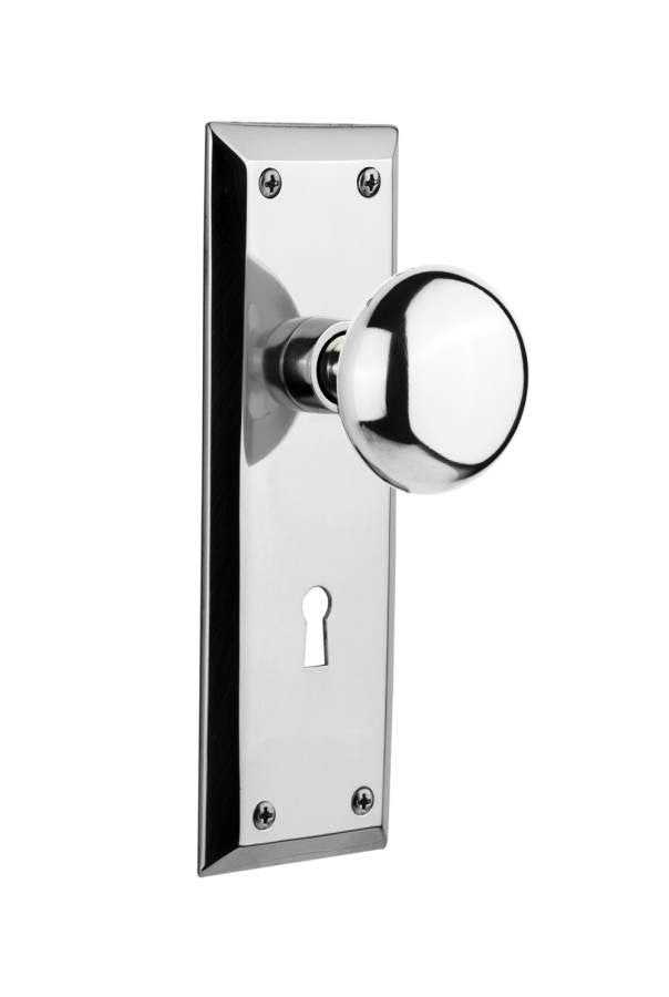 Nostalgic 701241: New York Backplate w/New York Knob Passage Door Set - Bright Chrome