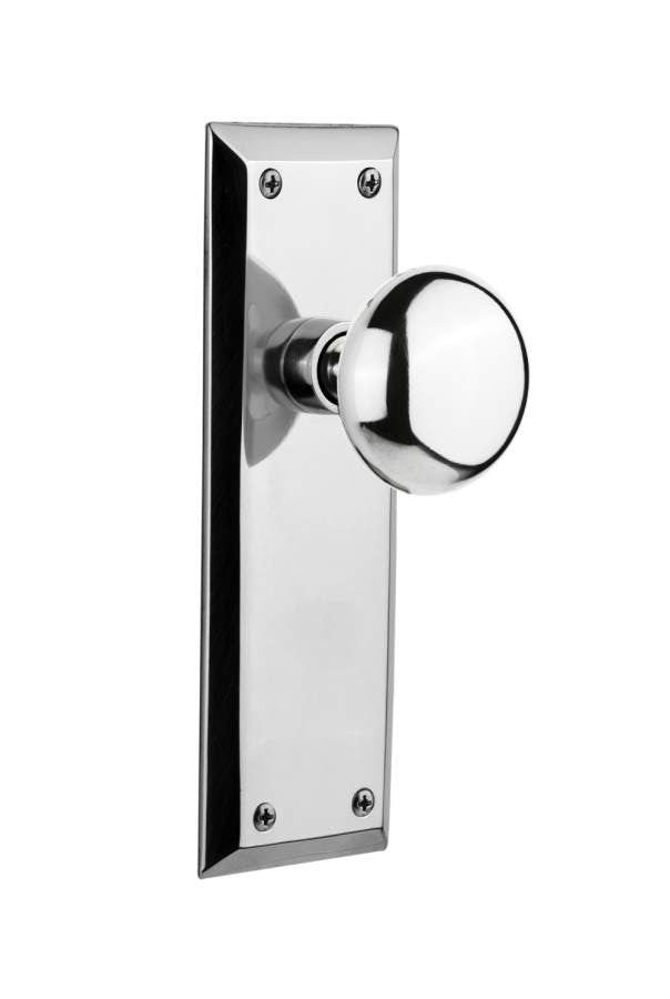 Nostalgic 733090: New York Backplate w/New York Knob Passage Door Set - Bright Chrome