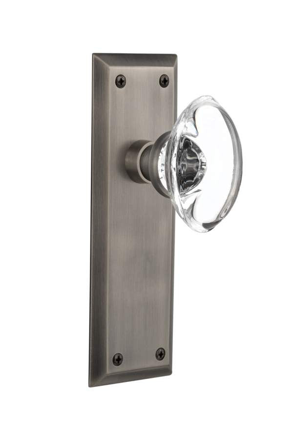 Nostalgic 711438: New York Backplate w/Oval Clear Glass Crystal Knob Single Dummy Door Set - Antique Pewter