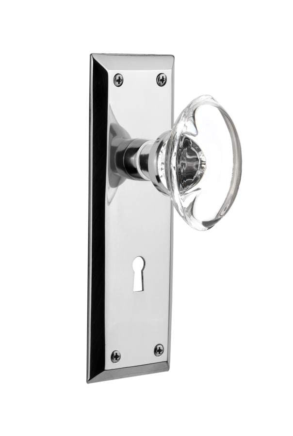 Nostalgic 711685: New York Backplate w/Oval Clear Glass Crystal Knob Privacy Door Set - Bright Chrome