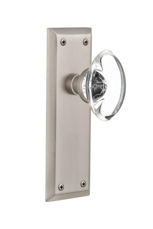 Nostalgic 711346: New York Backplate w/Oval Clear Glass Crystal Knob Passage Door Set - Satin Nickel
