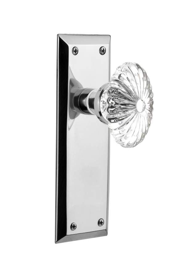 Nostalgic 711783: New York Backplate w/Oval Fluted Clear Glass Crystal Knob Passage Door Set - Bright Chrome