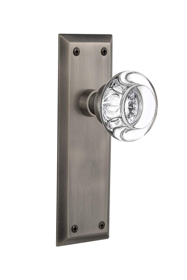 Nostalgic 712318: New York Backplate w/Round Clear Glass Crystal Knob Single Dummy Door Set - Antique Pewter