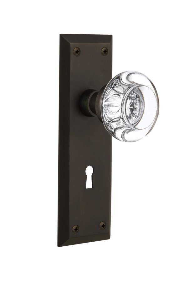 Nostalgic 712615: Mortise New York Plate Round Clear Crystal Knob - Oil Rubbed Bronze