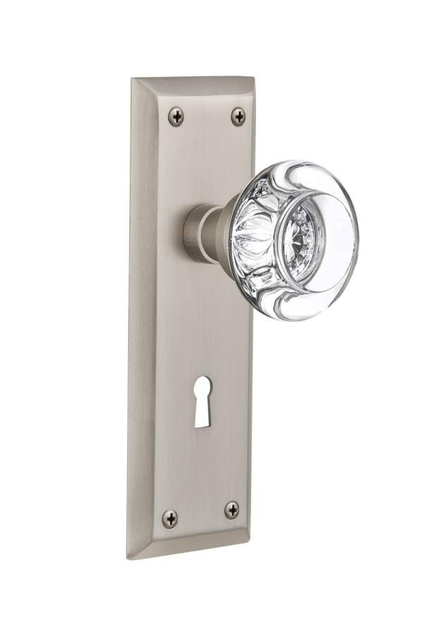 Nostalgic 712376: New York Backplate w/Round Clear Glass Crystal Knob Single Dummy Door Set - Satin Nickel