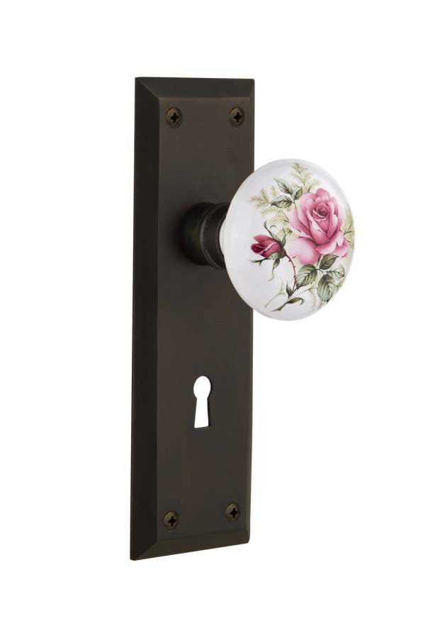 Nostalgic 711295: Mortise New York Plate Rose Porcelain Knob - Oil Rubbed Bronze
