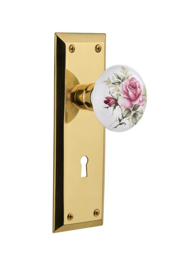 Nostalgic 711296: Mortise New York Plate Rose Porcelain Knob Keyhole - Polished Brass