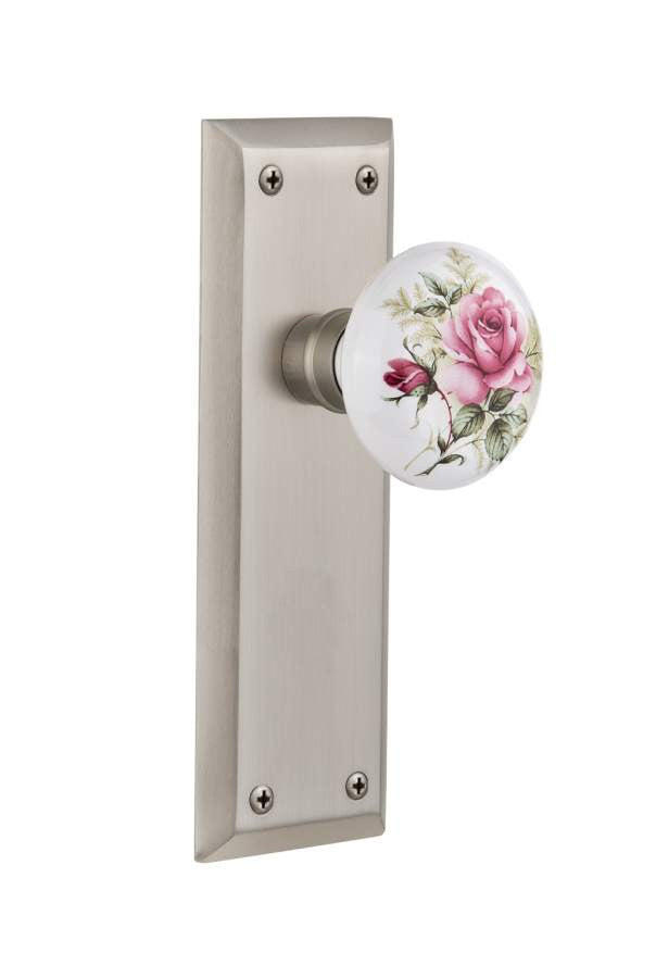 Nostalgic 710906: New York Backplate w/White Rose Porcelain Knob Passage Door Set - Satin Nickel