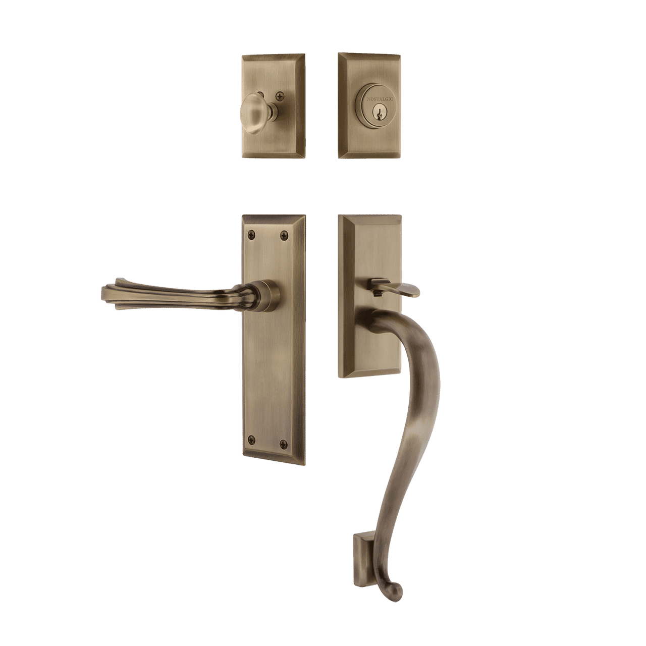 Nostalgic 770659: Entry Lockset w/New York Backplate, S-Grip Exterior Handle and Fleur Interior Lever - Antique Brass
