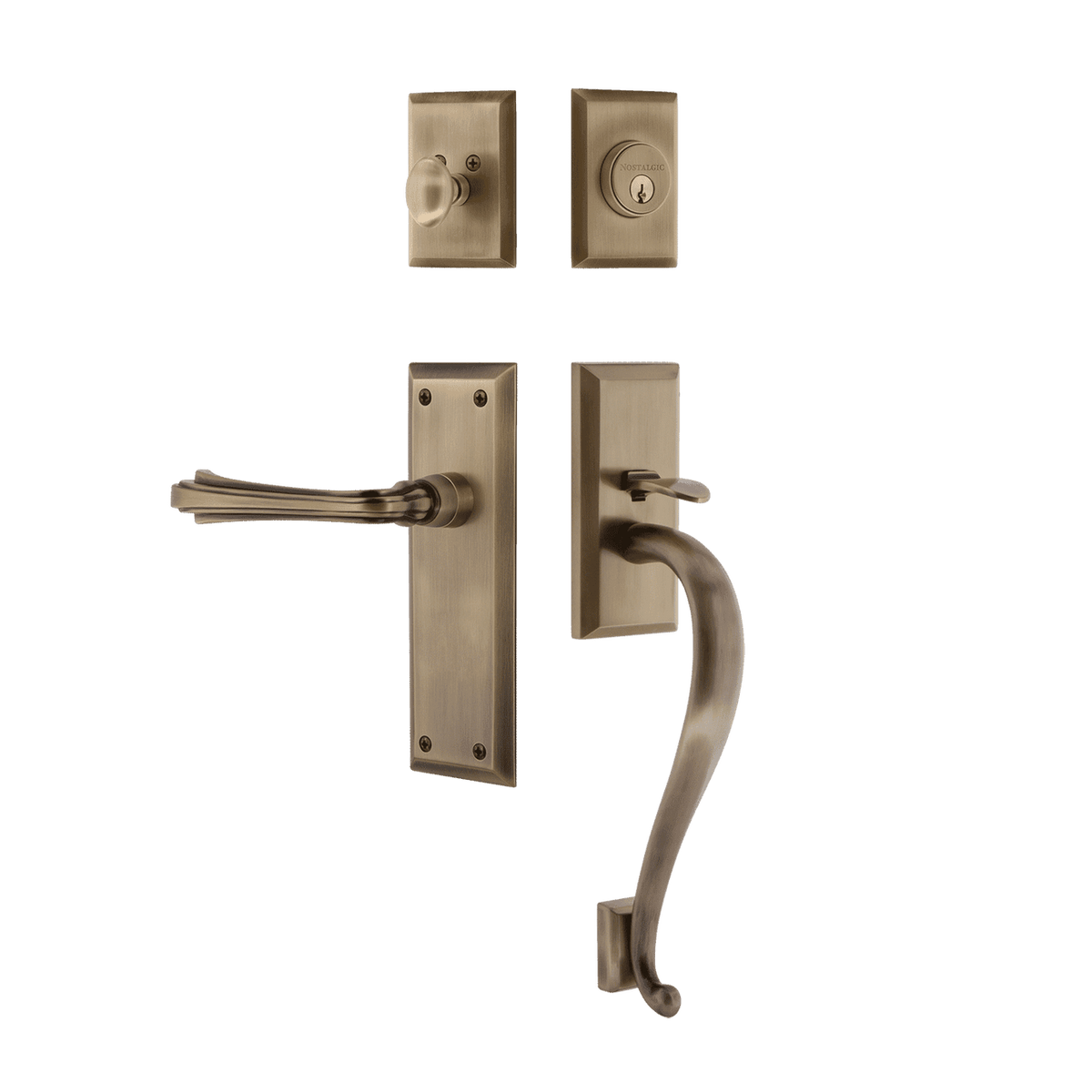 Nostalgic 769035: Entry Lockset w/New York Backplate, S-Grip Exterior Handle and Fleur Interior Lever - Antique Brass