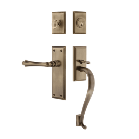 Nostalgic 769035: Entry Lockset w/New York Backplate, S-Grip Exterior Handle and Fleur Interior Lever - Antique Brass