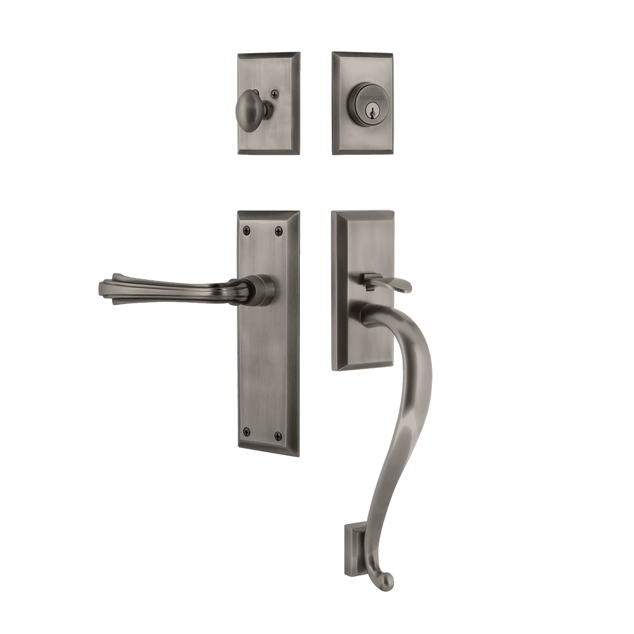 Nostalgic 770681: Entry Lockset w/New York Backplate, S-Grip Exterior Handle and Fleur Interior Lever - Antique Pewter