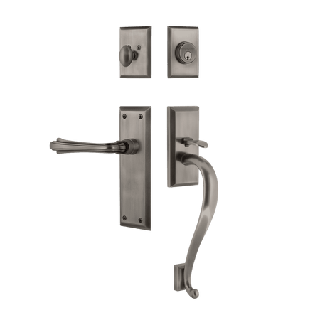 Nostalgic 770681: Entry Lockset w/New York Backplate, S-Grip Exterior Handle and Fleur Interior Lever - Antique Pewter