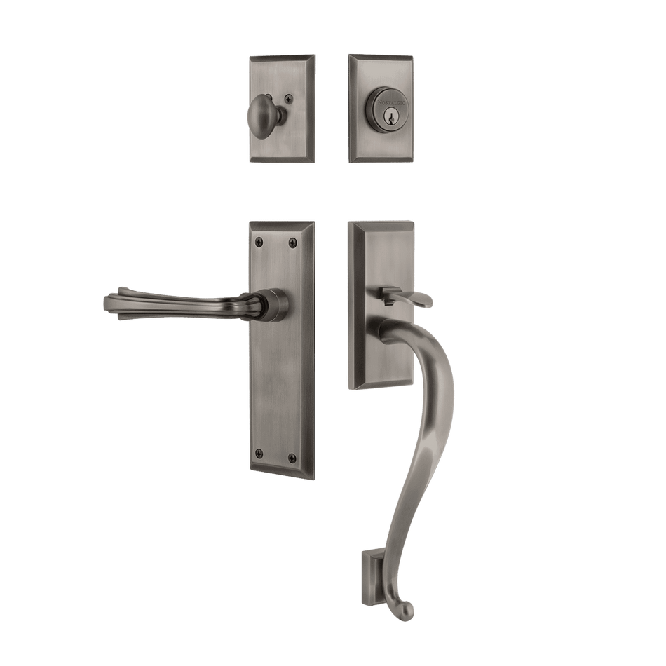 Nostalgic 770681: Entry Lockset w/New York Backplate, S-Grip Exterior Handle and Fleur Interior Lever - Antique Pewter