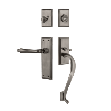 Nostalgic 770681: Entry Lockset w/New York Backplate, S-Grip Exterior Handle and Fleur Interior Lever - Antique Pewter