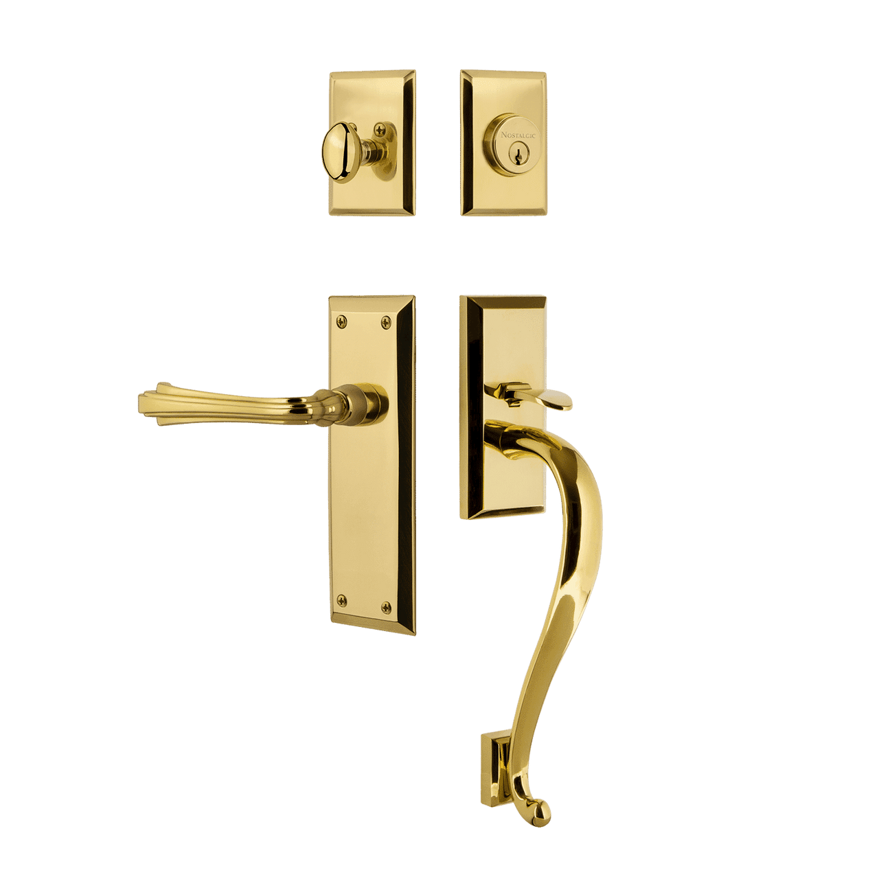 Nostalgic 769038: Entry Lockset w/New York Backplate, S-Grip Exterior Handle and Fleur Interior Lever - Polished Brass