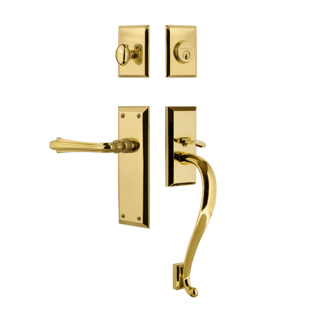 Nostalgic 769038: Entry Lockset w/New York Backplate, S-Grip Exterior Handle and Fleur Interior Lever - Polished Brass