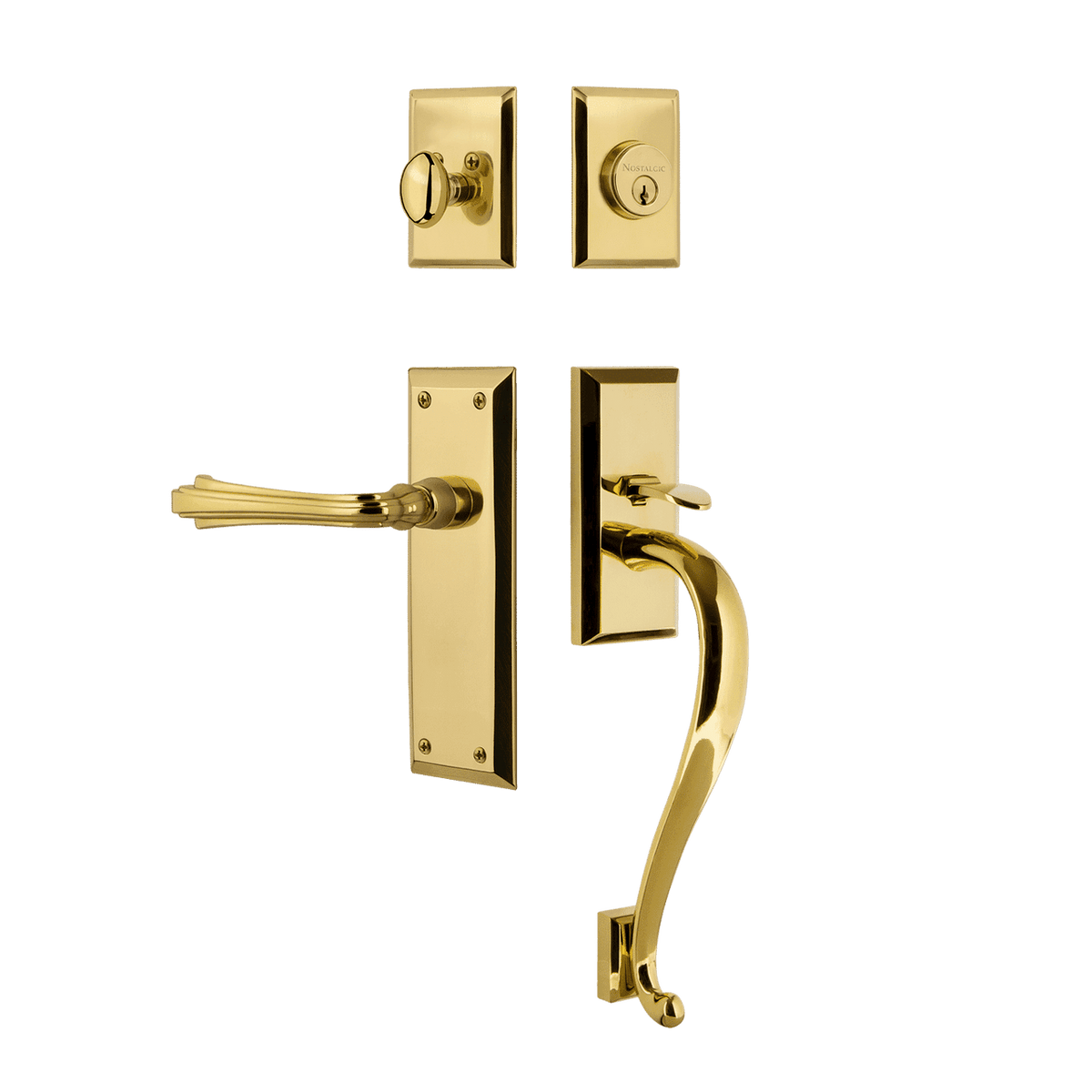 Nostalgic 769044: Entry Lockset w/New York Backplate, S-Grip Exterior Handle and Fleur Interior Lever - Polished Brass
